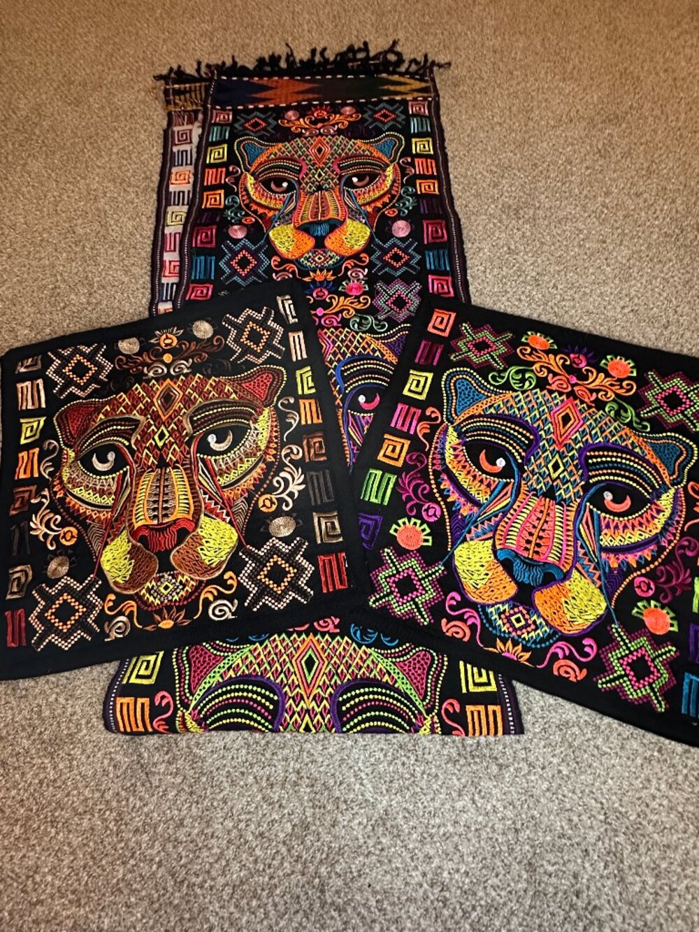 Guatemalan or Mexican Embroidered Table Runner Textile Art JAGUAR 2 pillowcases